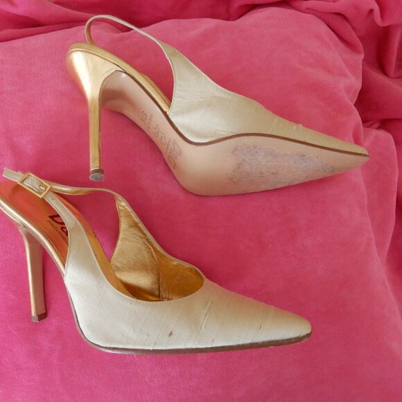 D&G Dolce & Gabbana Italy Cream Gold Silk Heels 37.5 US 7.5 - Picture 12 of 15